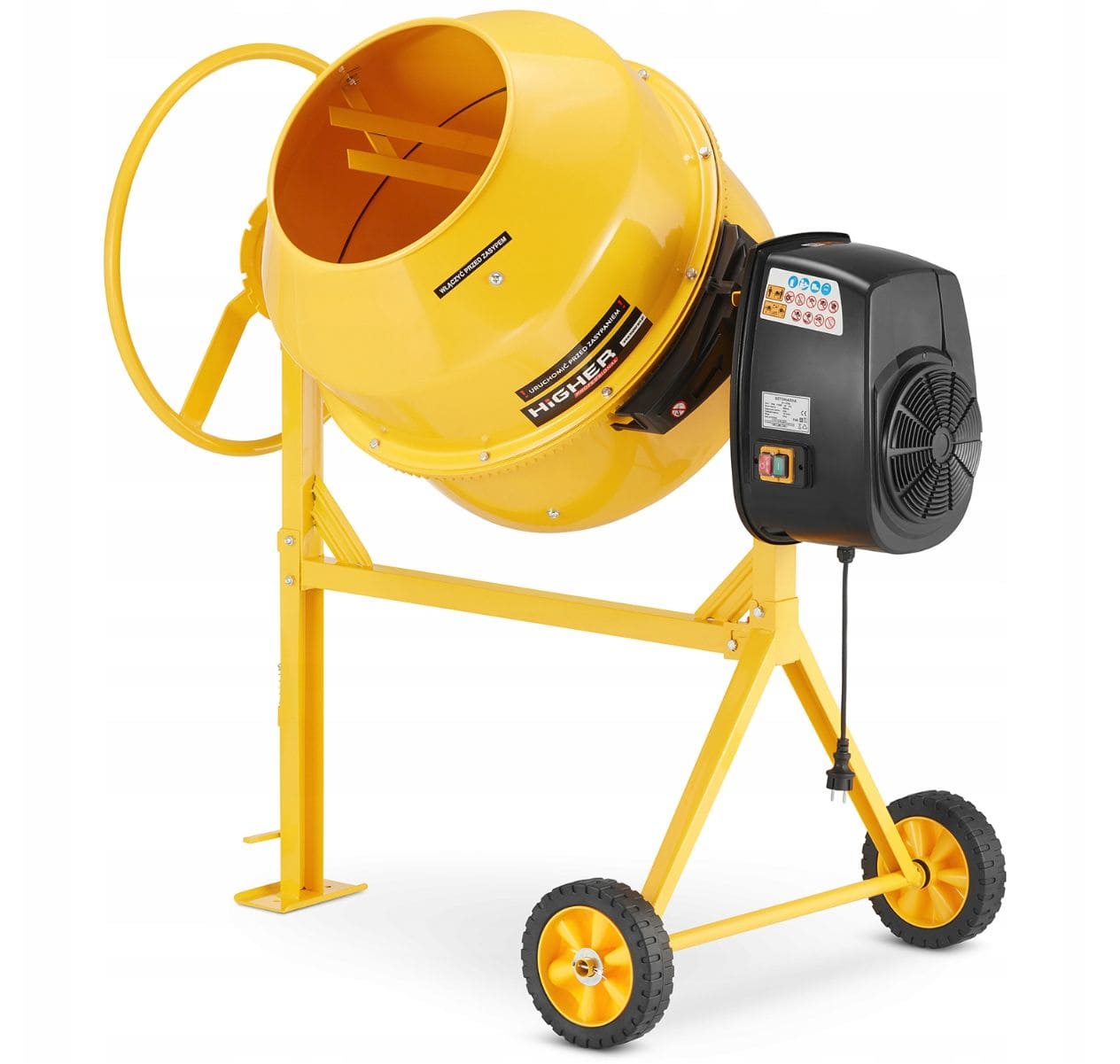 Concrete Mixer 200L 1500W 230V Cast Iron Ring Gear with Transport Wheels, Higher