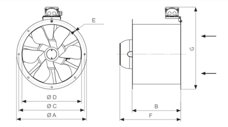 Kanalfläkt Diagonal 400mm 6890 m³/h 300 Pa IE3-Motor IP55, Harmann