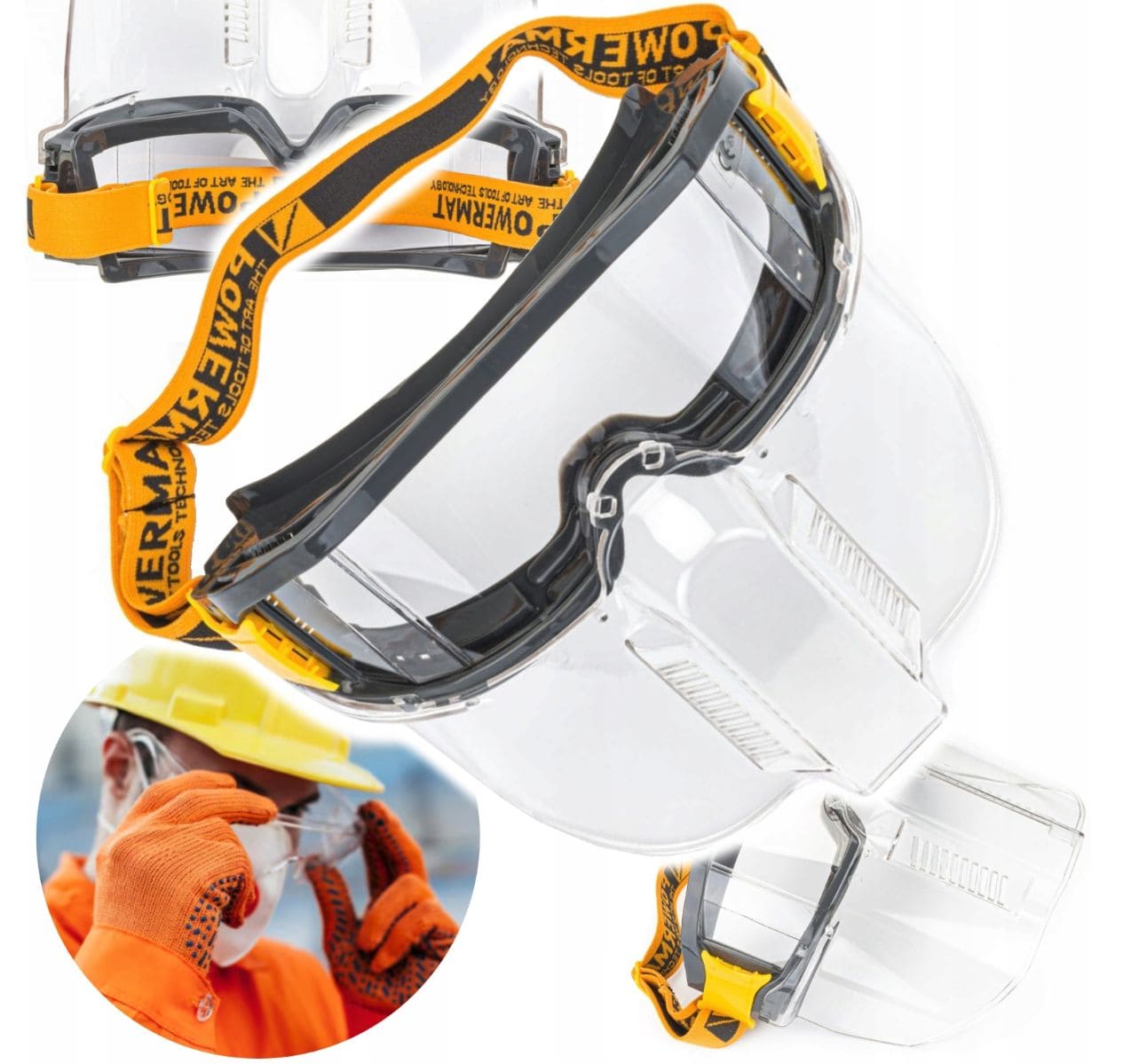 Safety Goggles Clear Polycarbonate EN166 Fits Over Prescription Glasses, Powermat
