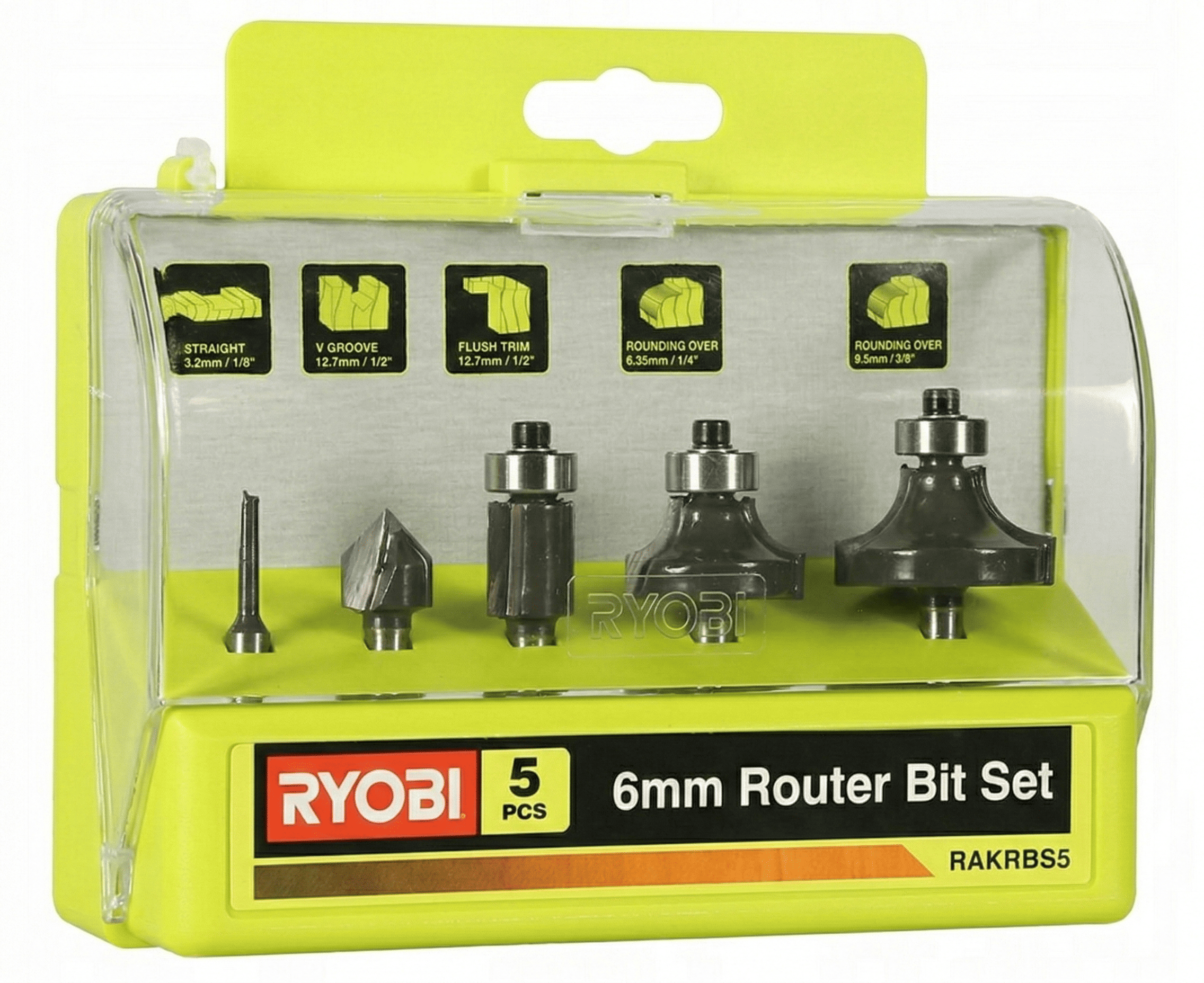 Frässtålset 5 Delar 6 mm Skaft Rakt/Rund/V-spår för Överfräs RAKRBS5, Ryobi
