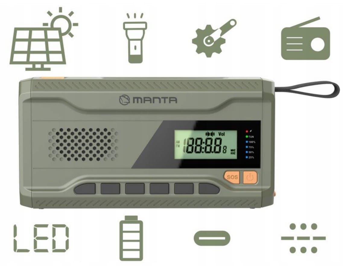 Emergency Radio 4500mAh AM/FM Dynamo Solar Panel Torch SOS Powerbank, Manta