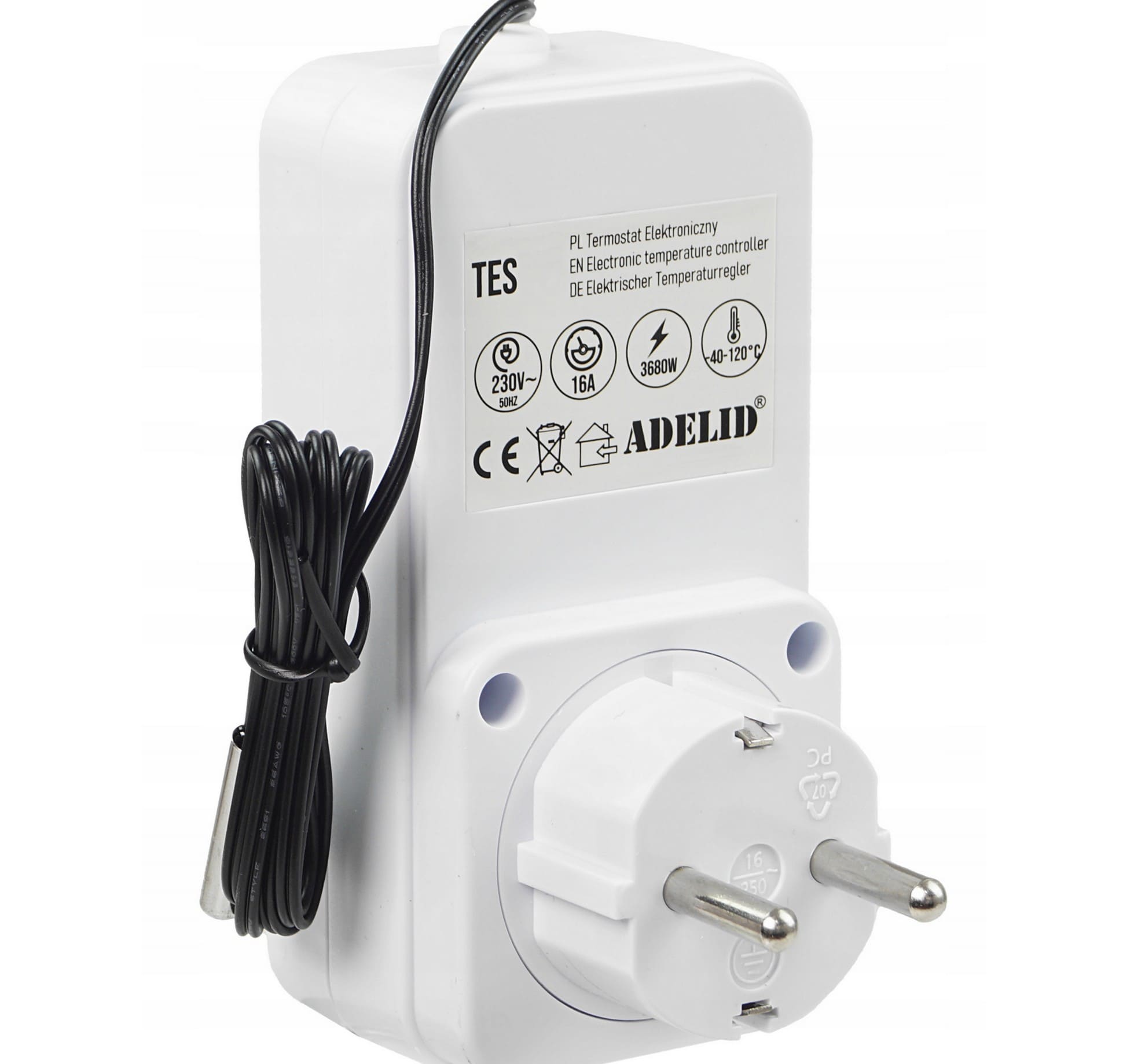 Termostat Frostvakter Digital Plug-in Schuko 230V 16A 3680W Timer -40°C till 120°C TES-GS-DE, Adelid