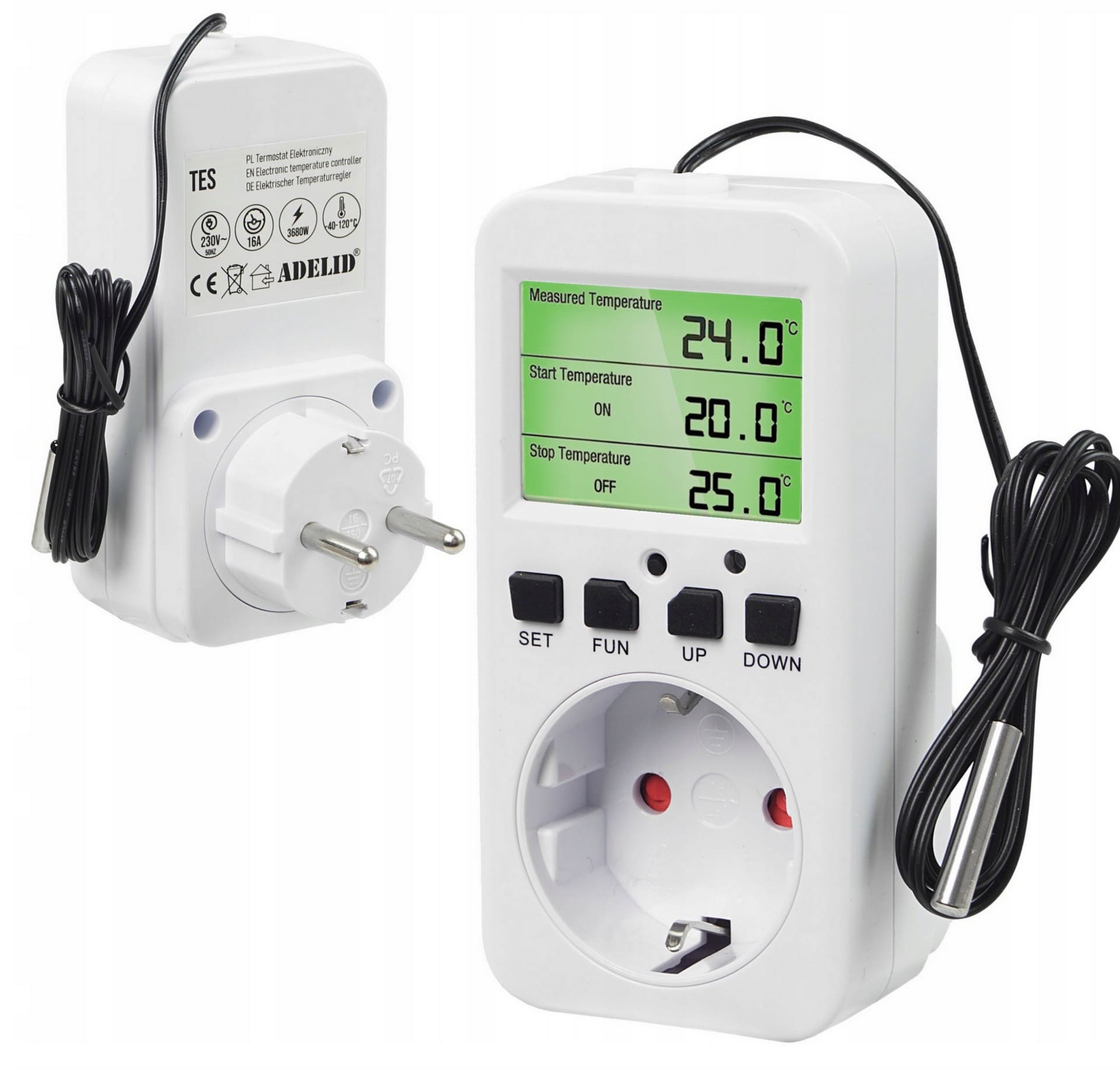 Termostat Frostvakter Digital Plug-in Schuko 230V 16A 3680W Timer -40°C till 120°C TES-GS-DE, Adelid
