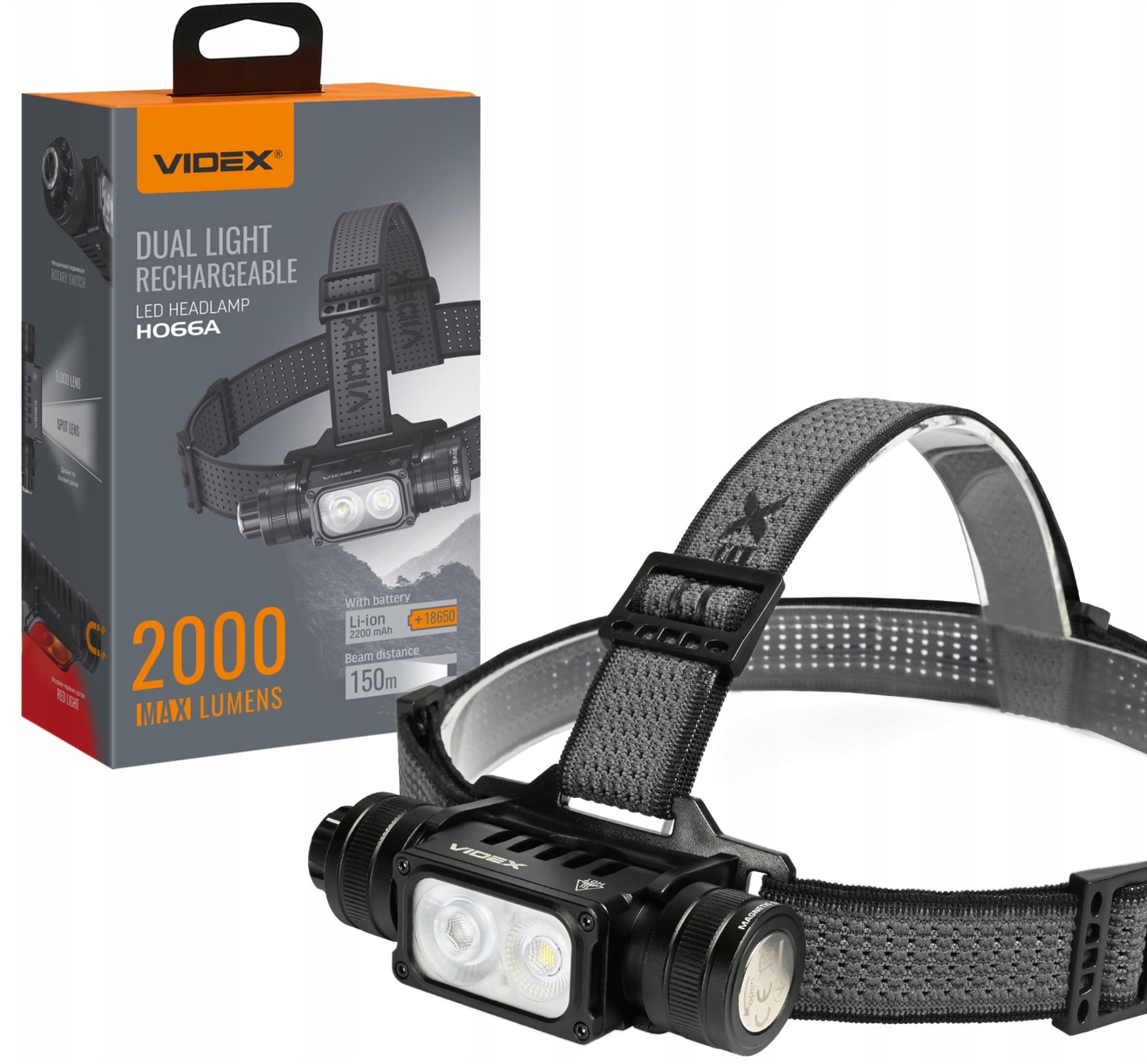 Headlamp LED 2000lm 20W+10W IP67 Touch Sensor USB-C 10 Modes Red Light Magnetic Base Aluminium, Videx