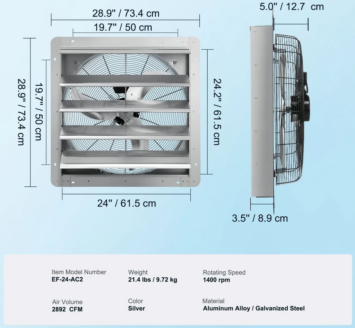 Industrial Wall Exhaust Fan 610mm Aluminium 4800m³/h 1400 RPM 115W EF-24-AC2, Vevor
