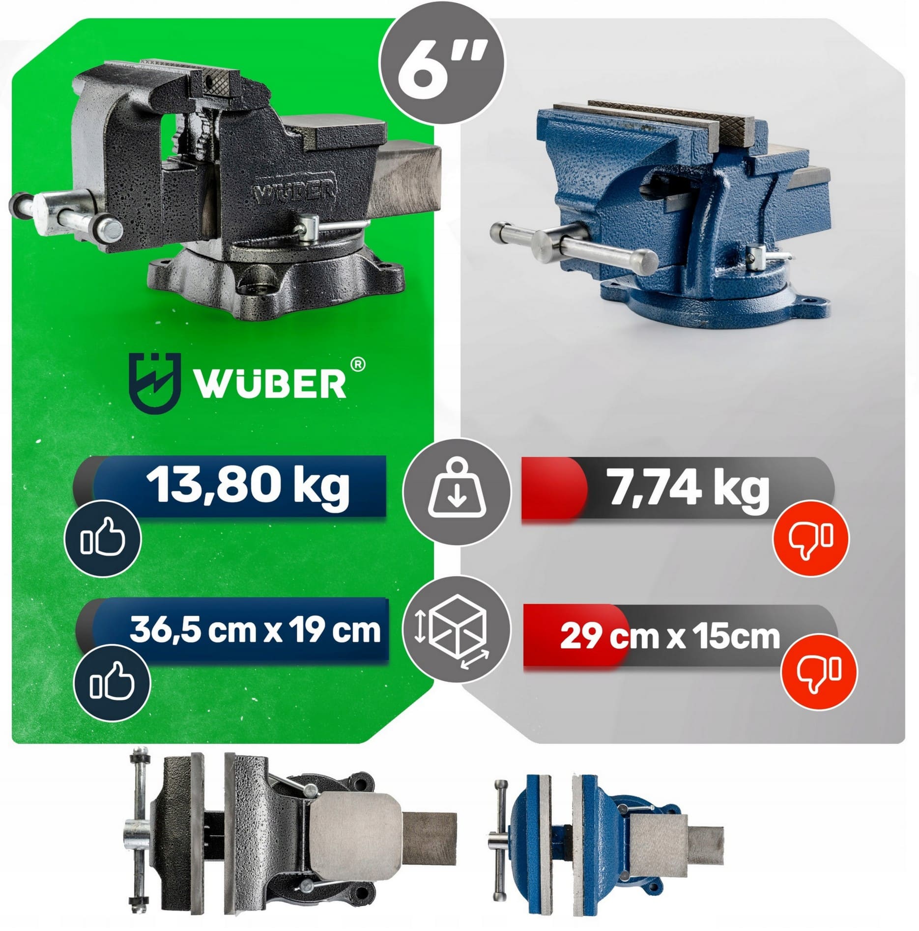 Bench Vice 150 mm/6 Rotating 360° with Anvil, HT200 Cast Iron 13.8 kg, Wuber W50003