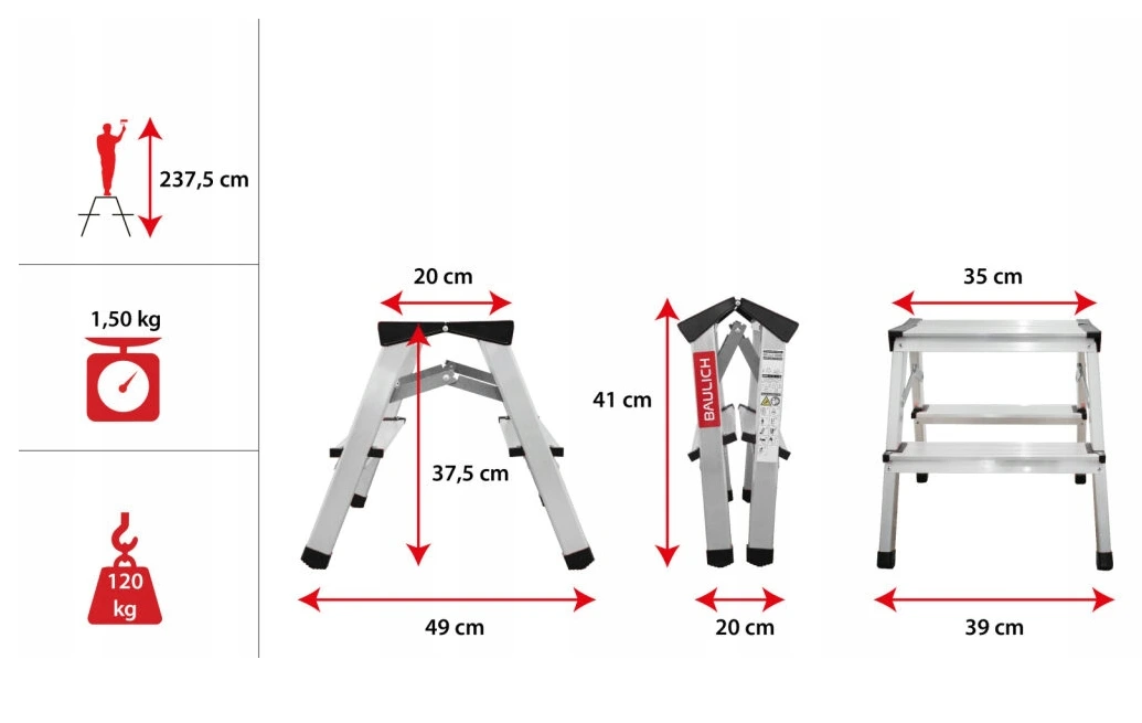 Pall, hopfällbart mini stege, aluminium, max 125 kg, BAULICH