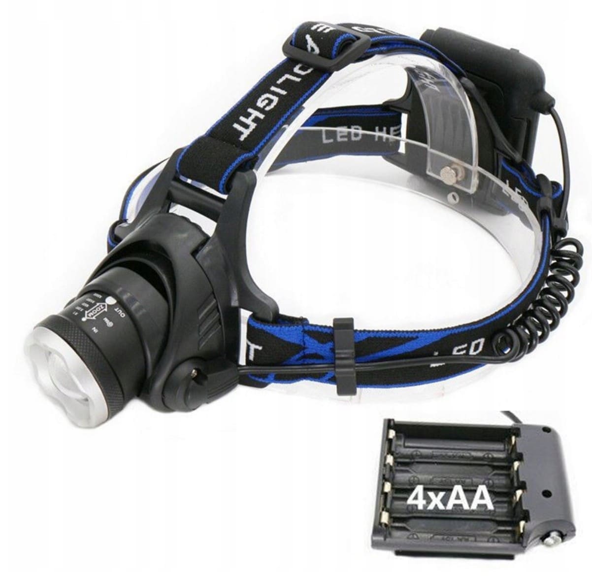 Headlamp LED 600lm 300m Range Zoom 3 Modes Water-Resistant Aluminium 90° Angle (for 4 x AA batteries), Esperanza