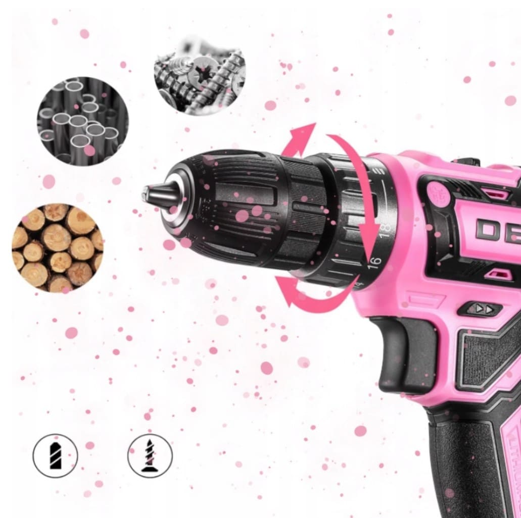 Borrskruvdragare Sladdlös 20V Rosa 1,5Ah Li-Ion med Verktygsset, DEKOPRO