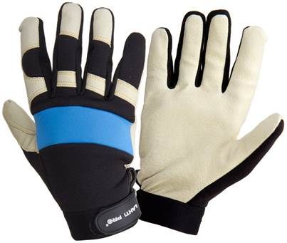 Handskar av äkta grisskinn, svart-blå-vita, ventilerade, spandex, mikrofiber, CE, EN 420, LAHTI PRO L2804