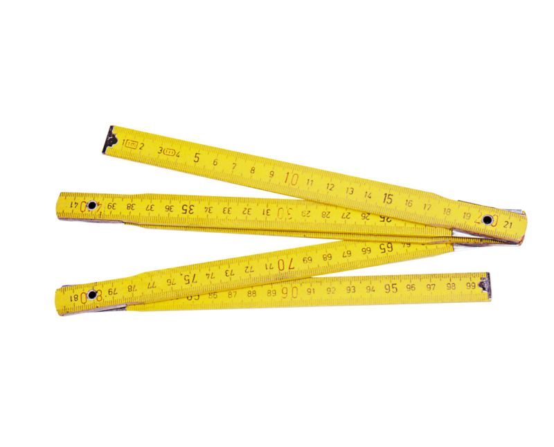Wooden 5Pcs Folding Rule 1M - Yellow Wood. Scale in mm. Scale Black But Every 10 cm (10.20.30 cm Etc) in Red. Metal Rivet and Metal Hinge.