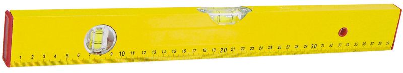 Aluminium Level, Box Type. 2 Vials - Horizontal and Vertical. Box Painted Yellow. Metric Scale Printed One Side. Plastic Ends and Ring in Hanging Hole in Red. Lenght 400 mm.