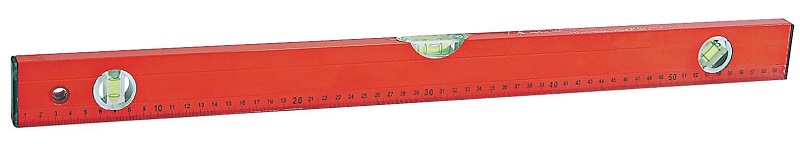 Aluminum Level, Box Type. 3 Vials - Horizontal, Vertical and 45Â° Angle. Box Painted Red. Metric Scale Printed On Side. Plastic Ends in Black. Plastic Ring in Hanging Hole in Red.
