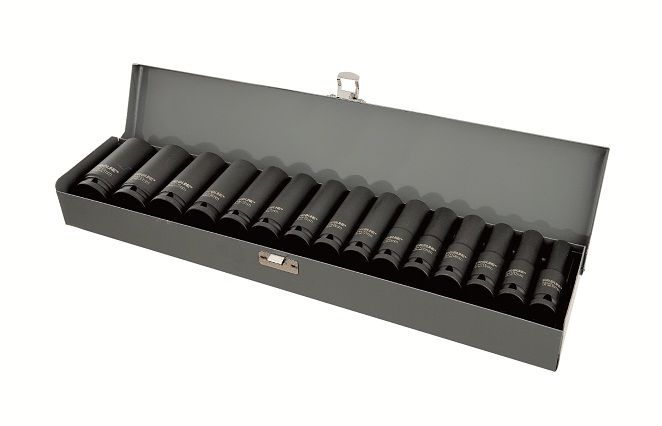 Impact Socket set 11 Pieces 1/2 Long, 10-24 mm, l=78 mm, CrMo, Metal Case, Proline