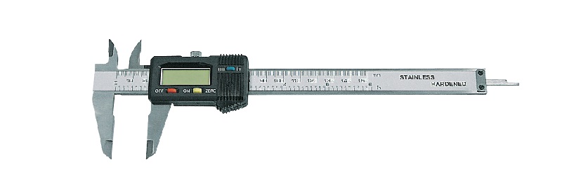 Skjutmått, digitallt, 150 mm, nogrannhet 0, 02 mm. OnOff, Zero, mm, tum. Rosfritt stål, inkl. 2 batterier (ett extra)