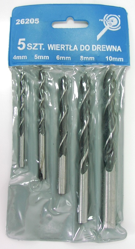 5Pcs Wood Drill set. Contents: 4.5.6.8 .10 mm. Blackened and Polished. in Plastic Blue Wallet with Yellow Header.