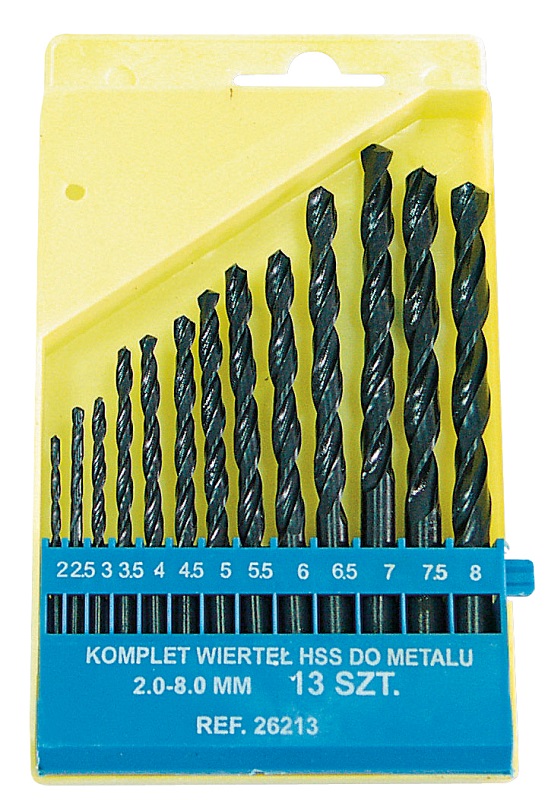 Metallborr HSS (spiralborr) sats 13st, för metall, DIN 338, st. ar 2.0~8.0 mm, 0.5 mm mellan varje st. . Svarta, platt plastbox, inplastad.
