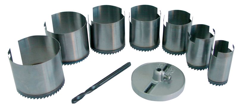 Wolfram Hole Saw 7Pc set 26-63 mm (26, 32, 38 , 45, 50, 56, 63), Height 25 mm. Polished Saws with Hardened Teeth. Locating Plate and Leading Drill 6 mm (Blackened). Blister Card.