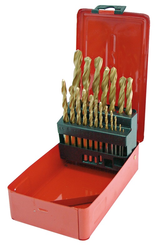 19Pc HSS Twist Drill set ( 1-10 mm By 0, 5 mm) Titanium Coated Metal Box Painted Gray.