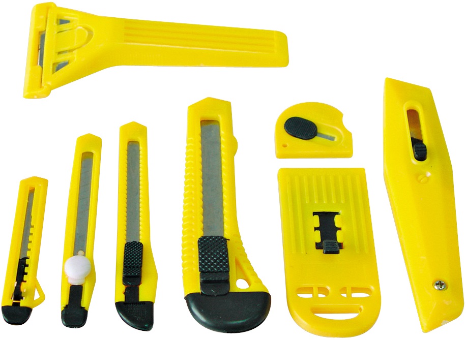 8 pcs Assorted Knive set. All in Yellow Color with Black Ends and Push Lock Buttons.