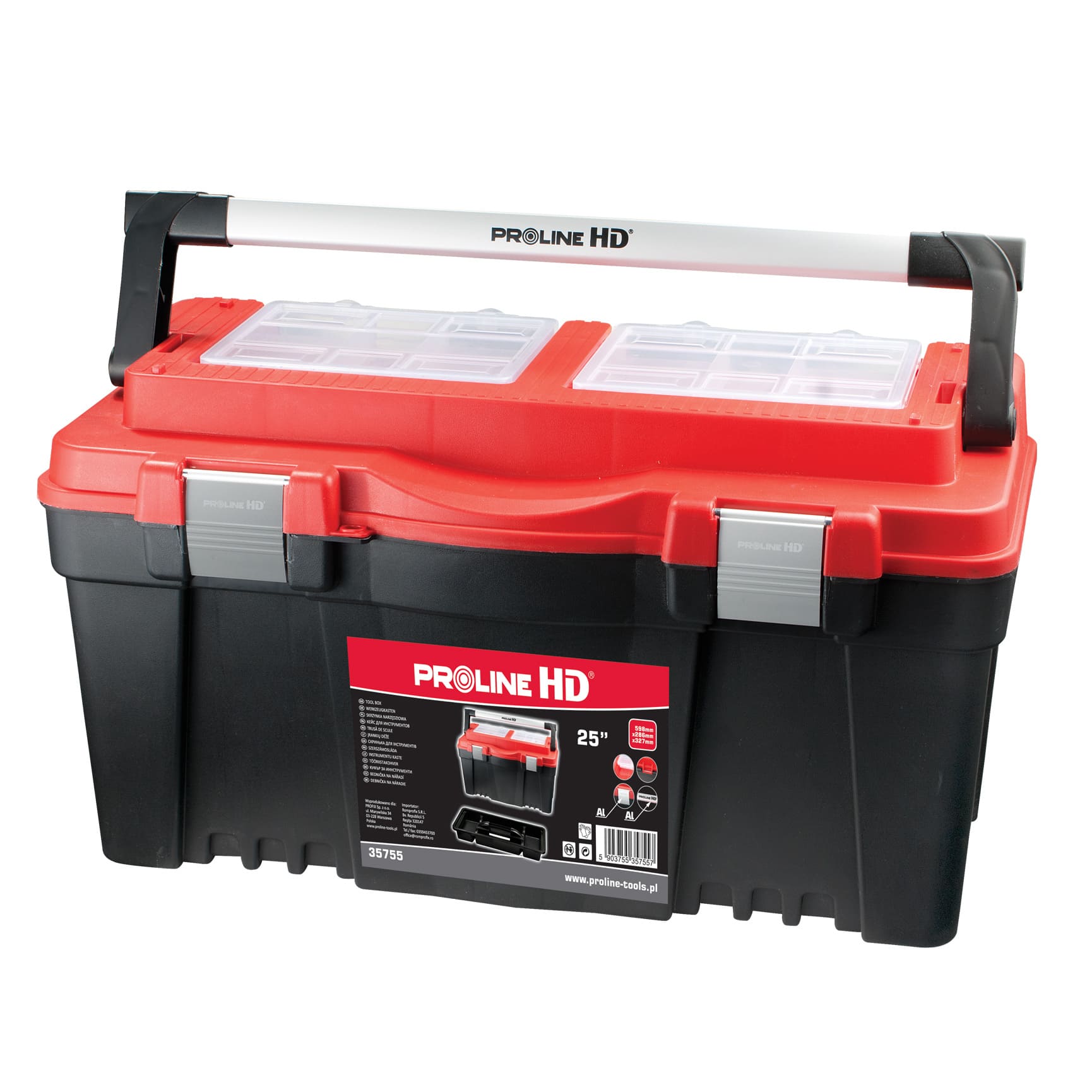 Verktygslåda 60 x 29 x 33 cm, Aluminiumhandtag, Organiser-fack, Proline HD