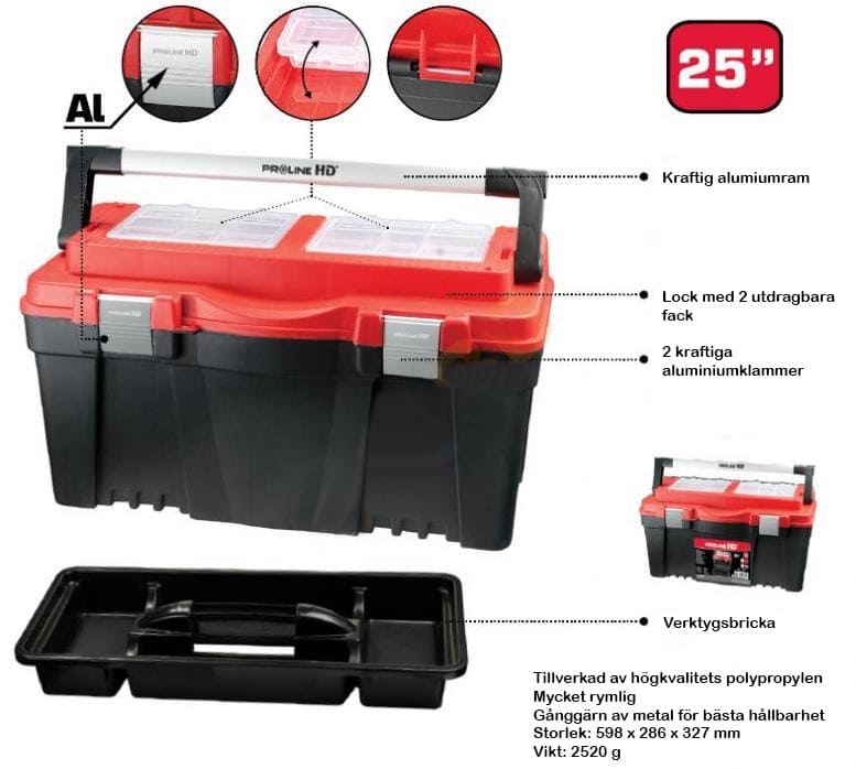 Verktygslåda 60 x 29 x 33 cm, Aluminiumhandtag, Organiser-fack, Proline HD