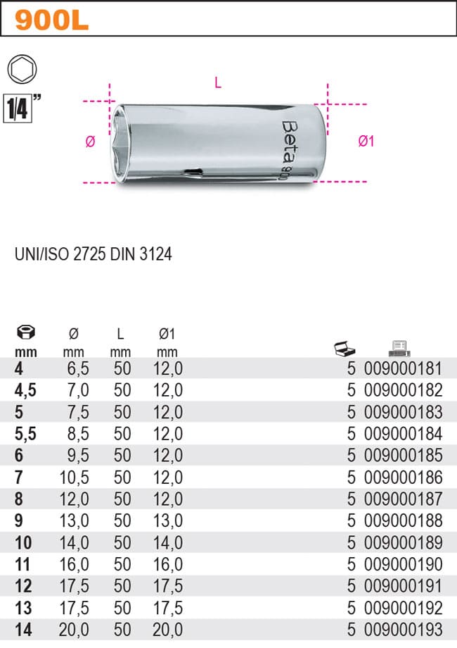Långa Hylsor Sexkant 1/44-14 mm Förkromade, Sats 13st, BETA Tools