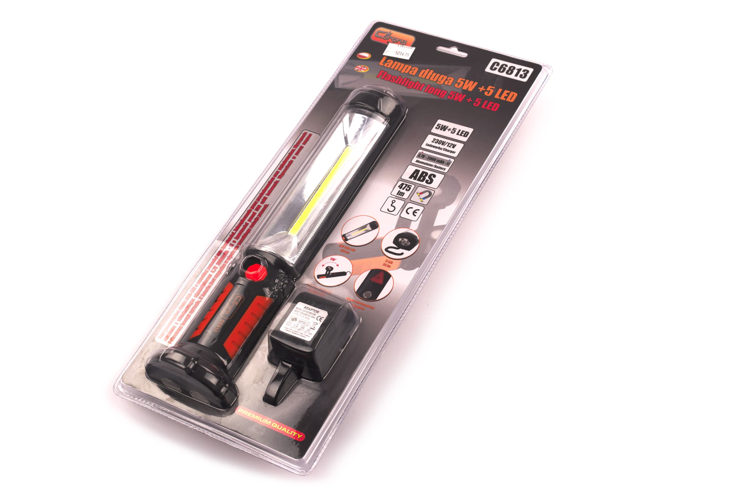 Starkt arbetslampa COB LED 450LM + 25LM varningsblink, laddbar, magnet och krok, USB