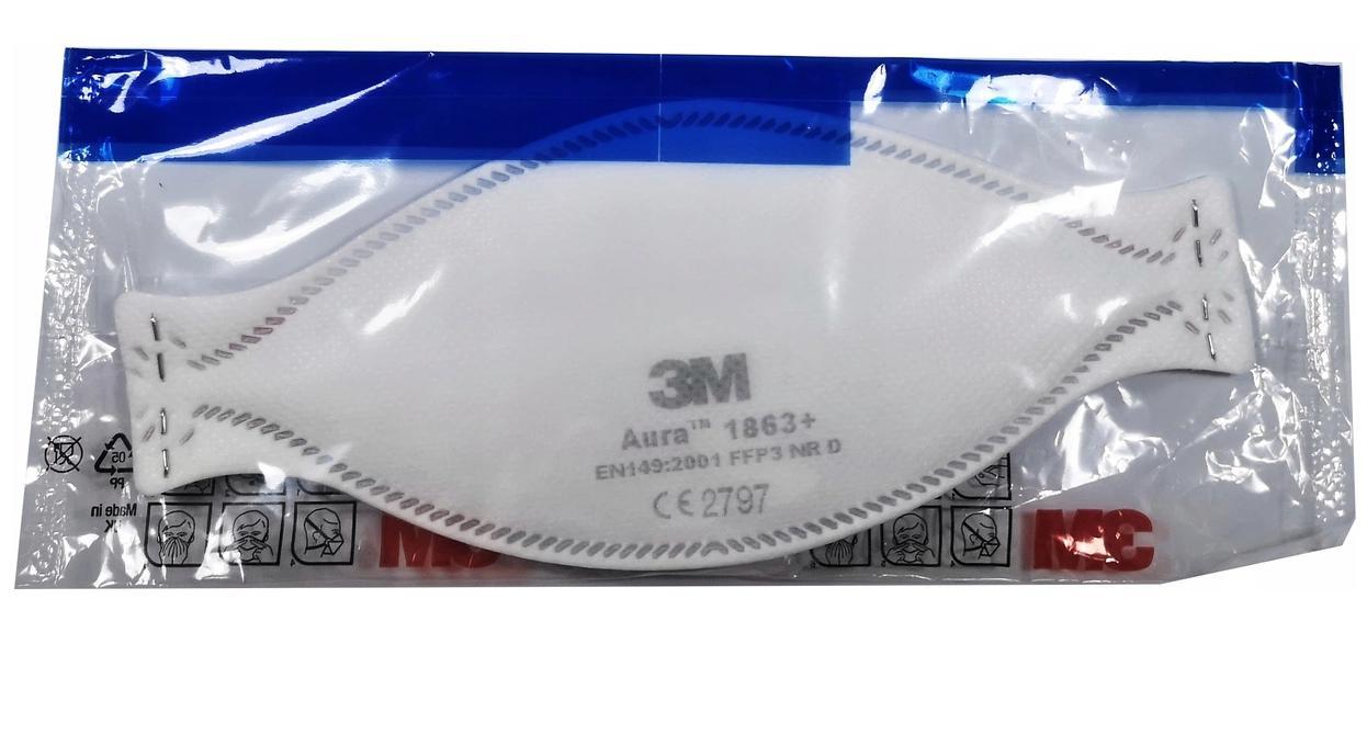 Andningsskydd 1st, andningsmask 3m AURA 1863+ skyddar mot virus bakterier m.m. FFP3, CE