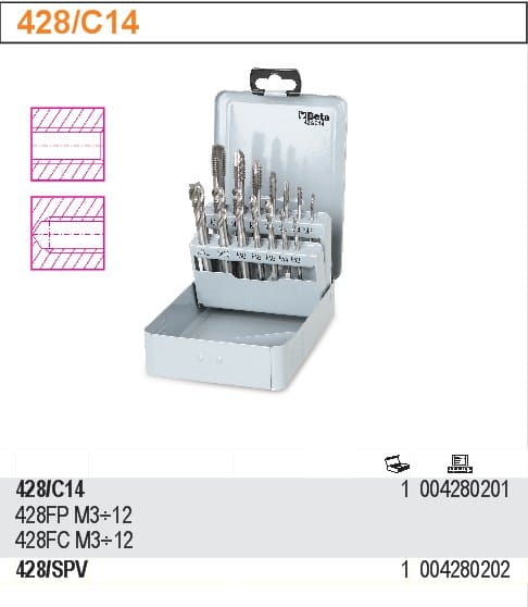 Long Thread Tap set 14 pcs M3-M12 HSS Steel Metal Case, BETA Tools