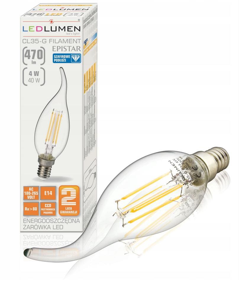 Vintage glödlampor LED E14 4W 470lm, i form av en eldlåga, 2700K varmt gulaktigt ljus, 4st