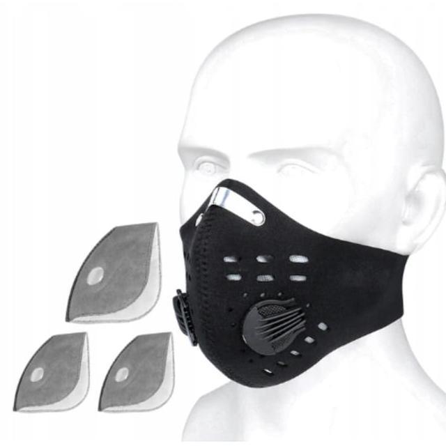 Andningsskydd 1st andningsmask inkl. 1st filter (labbtestade N99 FFP3 nivå), 2 ventiler, neopren, bekväm och tät sportmask, kardborreband CE