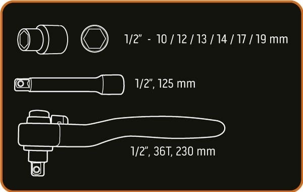Hylssats 1/21000V 10-19 mm, sats 8 delar inkl. spärrskaft, TENG Tools