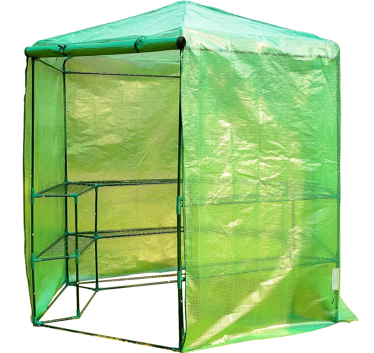 Plastväxthus med hyllor, snygg rund kompaktmodell (sexkantig) diam. 193 cm, höjd 225 cm grön transparent (odlingstält, växthustält)