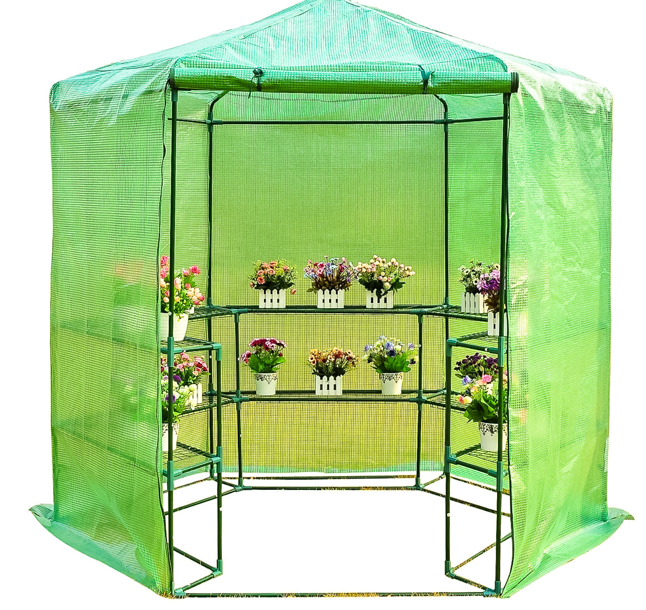 Plastväxthus med hyllor, snygg rund kompaktmodell (sexkantig) diam. 193 cm, höjd 225 cm grön transparent (odlingstält, växthustält)
