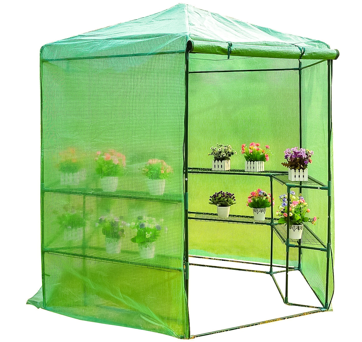 Plastväxthus med hyllor, snygg rund kompaktmodell (sexkantig) diam. 193 cm, höjd 225 cm grön transparent (odlingstält, växthustält)