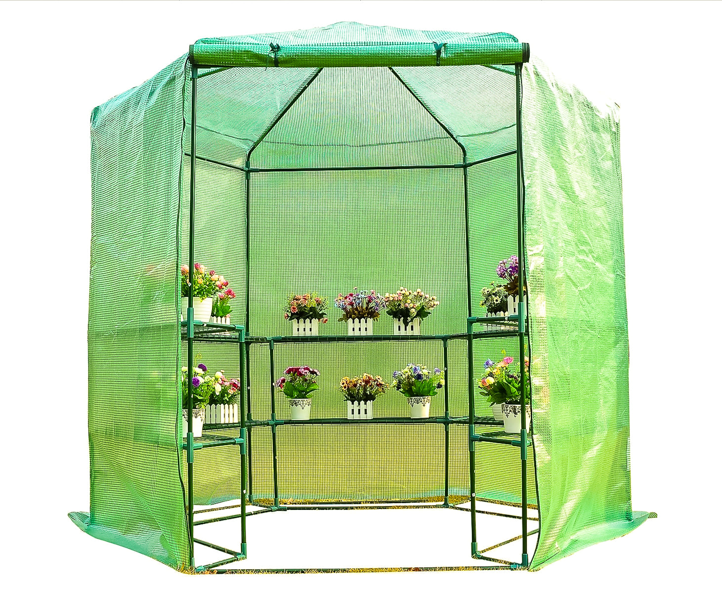 Plastväxthus med hyllor, snygg rund kompaktmodell (sexkantig) diam. 193 cm, höjd 225 cm grön transparent (odlingstält, växthustält)