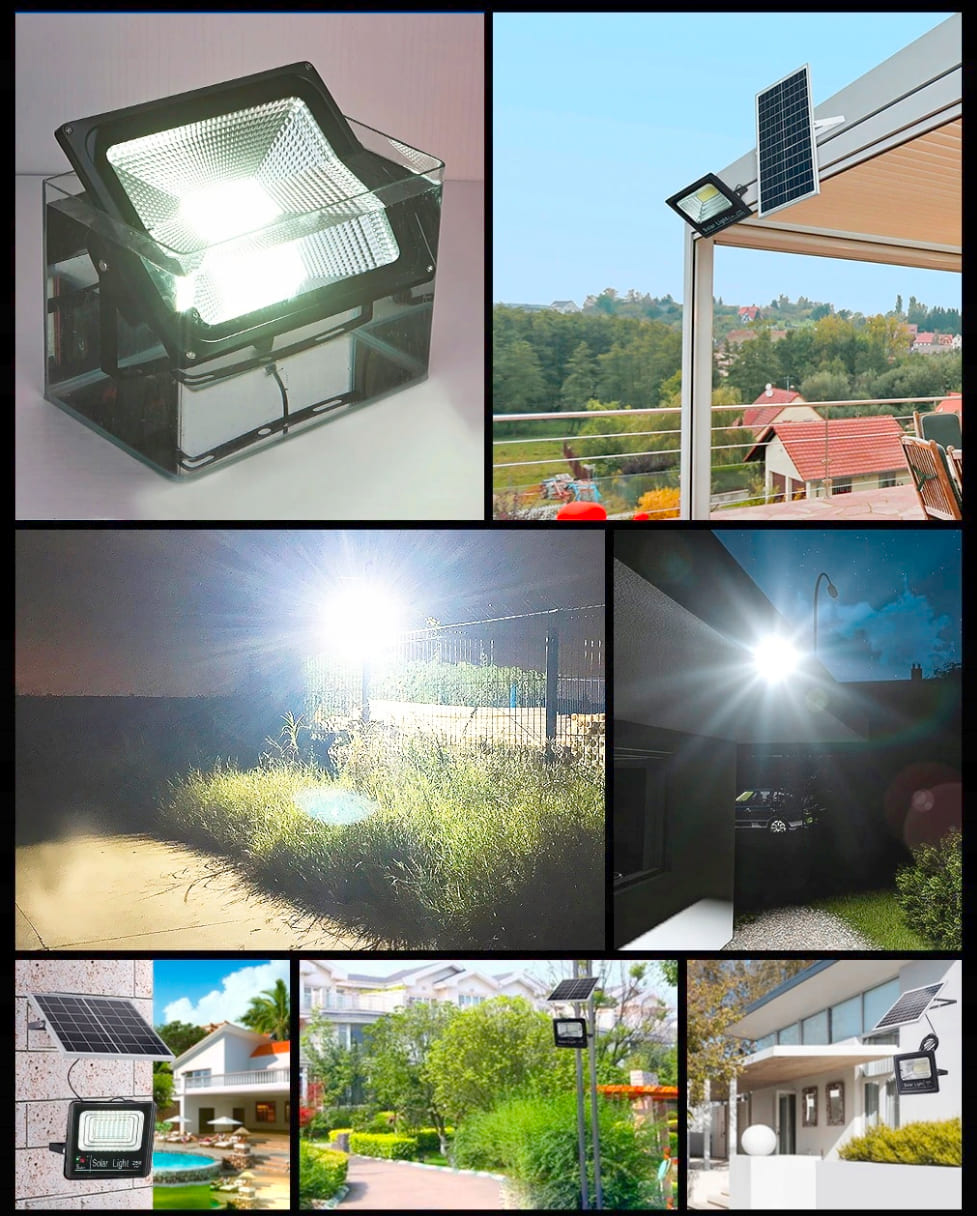 Strålkastare 216 LED 100W 6000 LM med solpanel och fjärrkontroll, IP65, slim