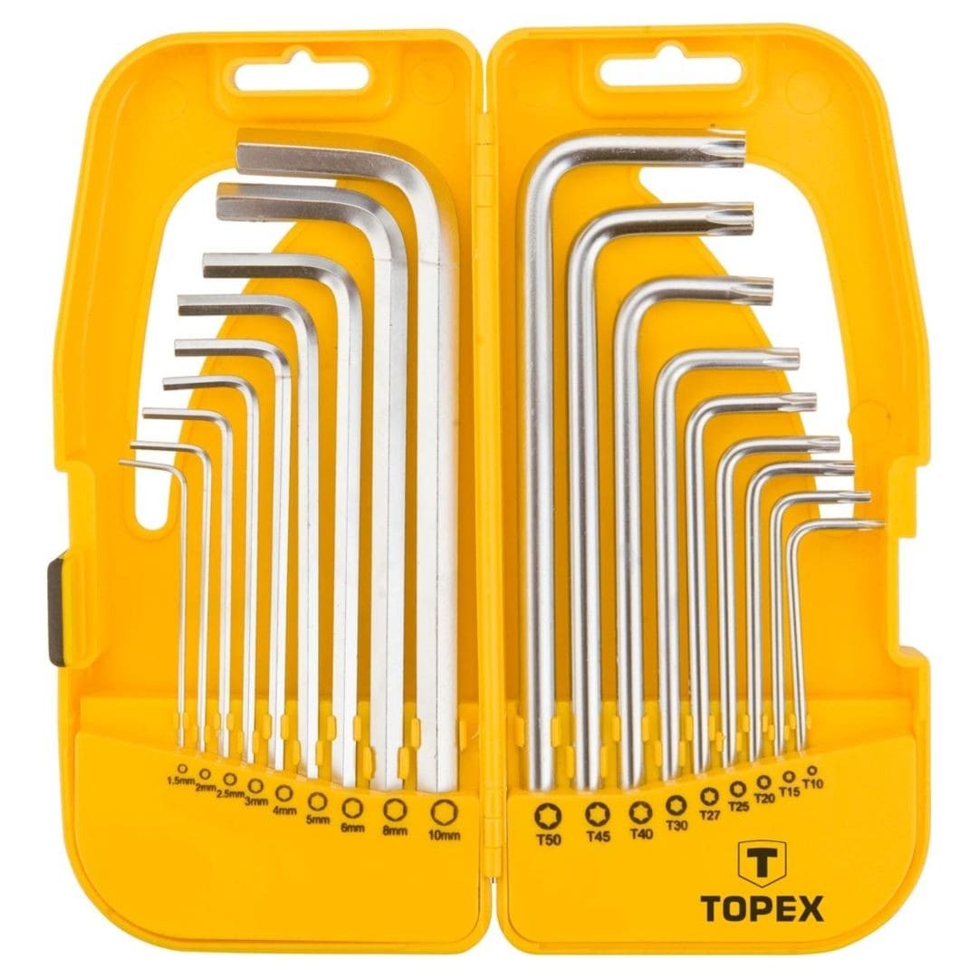 Insexnycklar långa TORX och sexkant, sats 18st, T10-T50, 1-10 mm, CrV, TOPEX