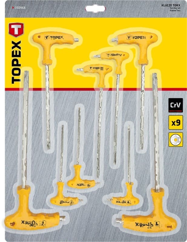 Insexnycklar TORX mws hål, sats 9st, 5-kantiga med T-handtag T10-T50 CrV, TOPEX