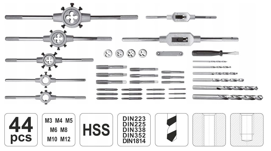 Gängtappar och gängsnitt M3-M12 HSS, sats 44 delar inkl. borr och svängärn, hållare, metallbox, YATO