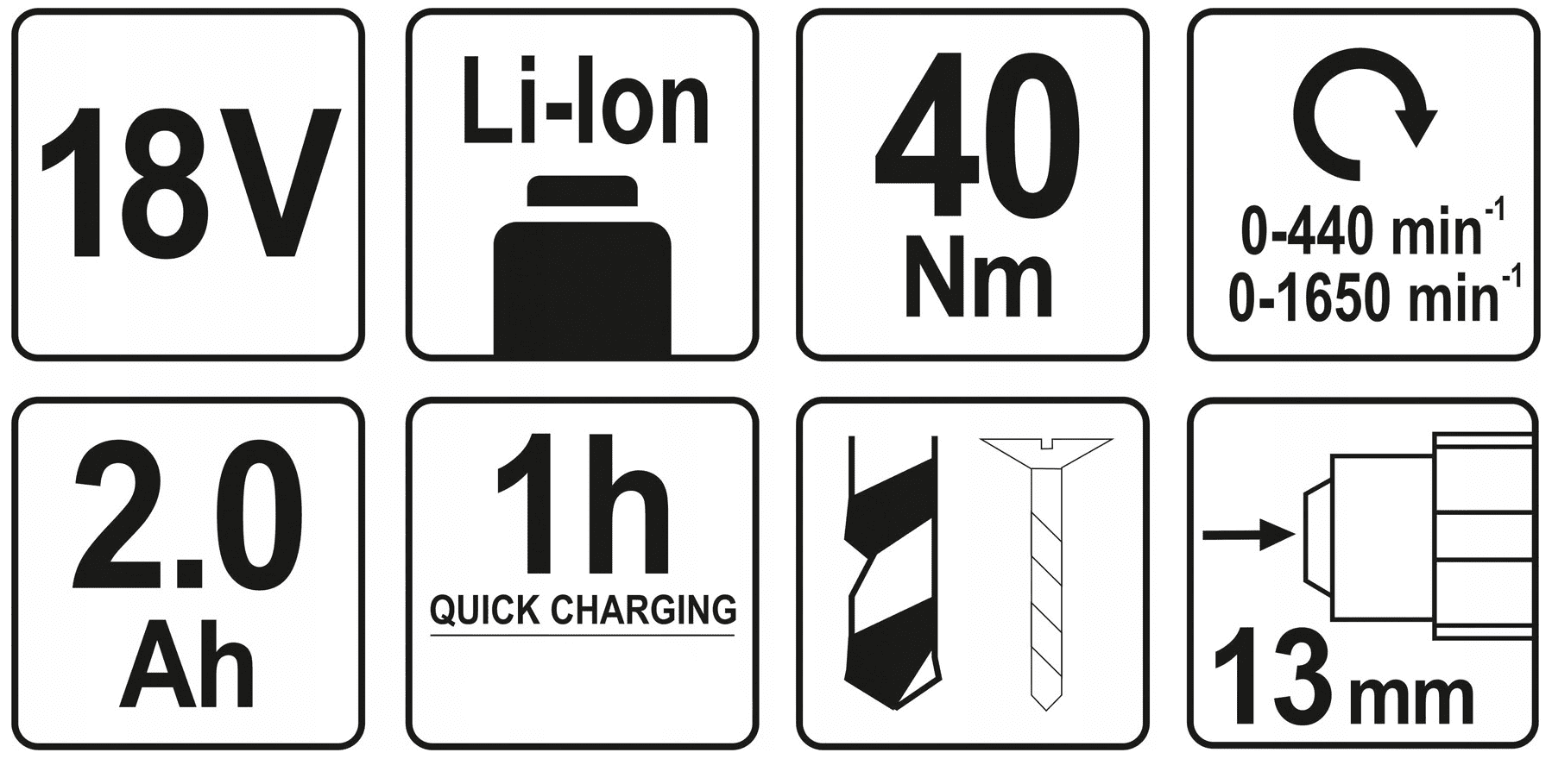 Borrmaskin, skruvdragare, sladdlös, mycket stark 18V 2A 40Nm, 0-1650rpm, 2 växlar