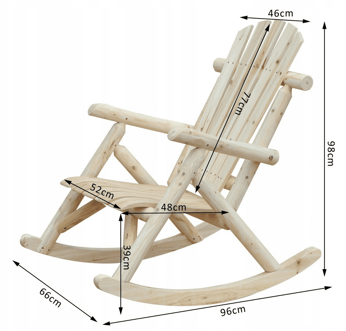 Rocking Chair Garden Fir Wood 66 x 96 x 98 cm, High Backrest, Natural Finish