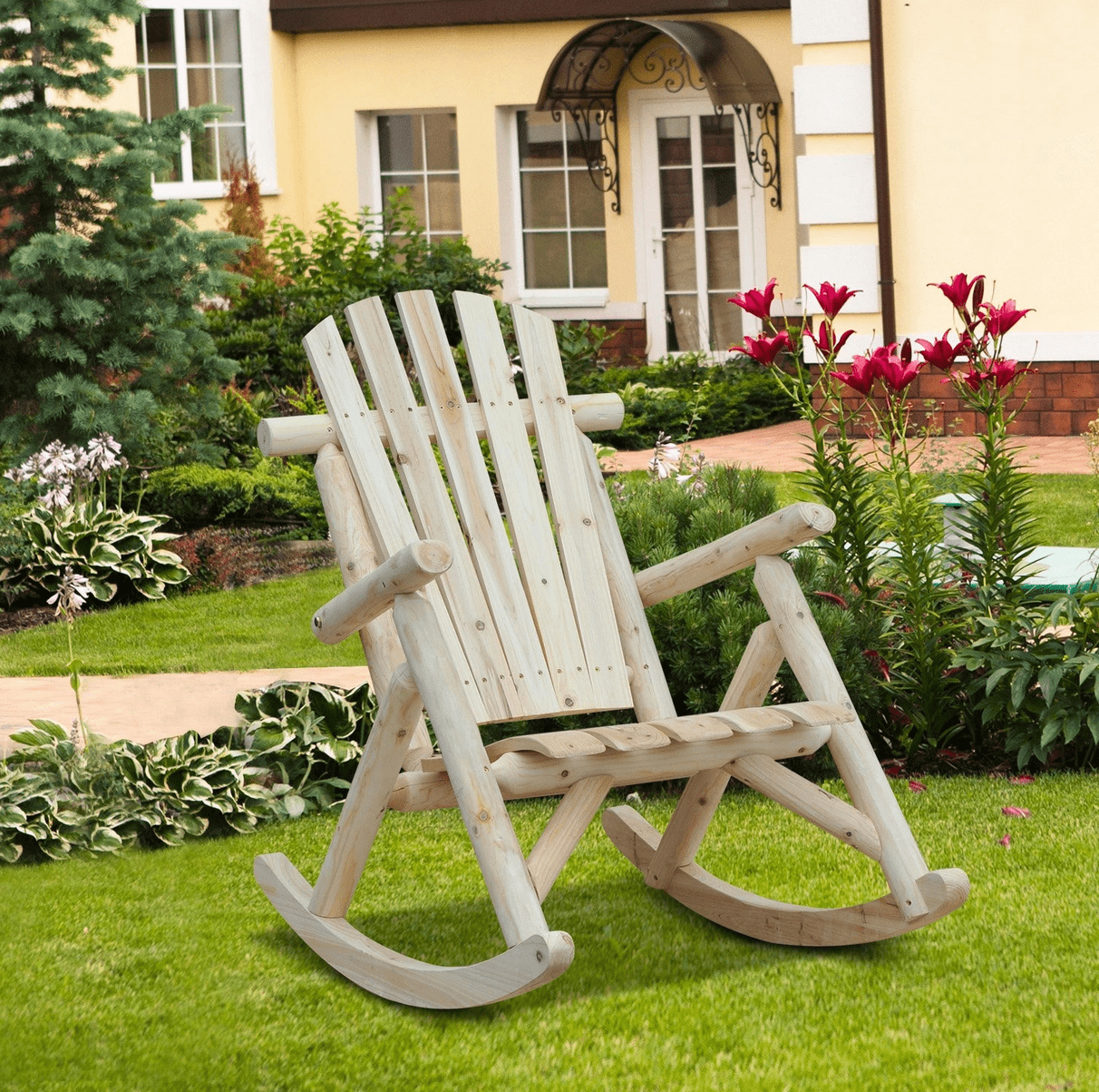 Rocking Chair Garden Fir Wood 66 x 96 x 98 cm, High Backrest, Natural Finish
