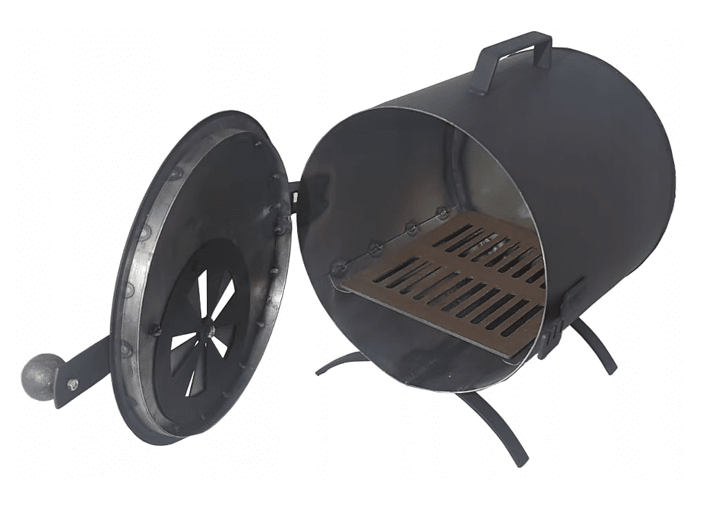 Eldstad, rökkamin, kamin för rökskåp, med handtag, bärbart, cylindriskt, metall