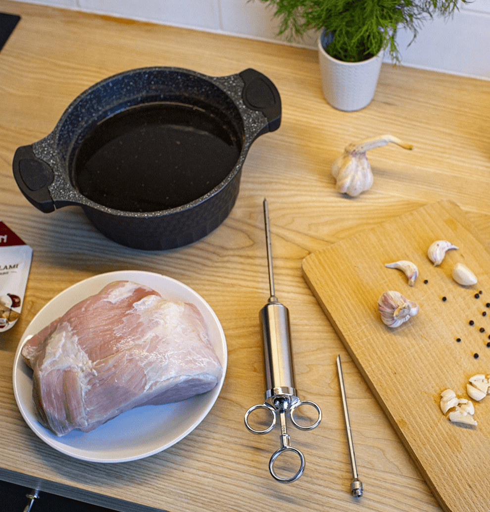 Köttinjektor, 60 ml spruta, professionell marinadspruta, rostfritt stål inkl. 2 nålar