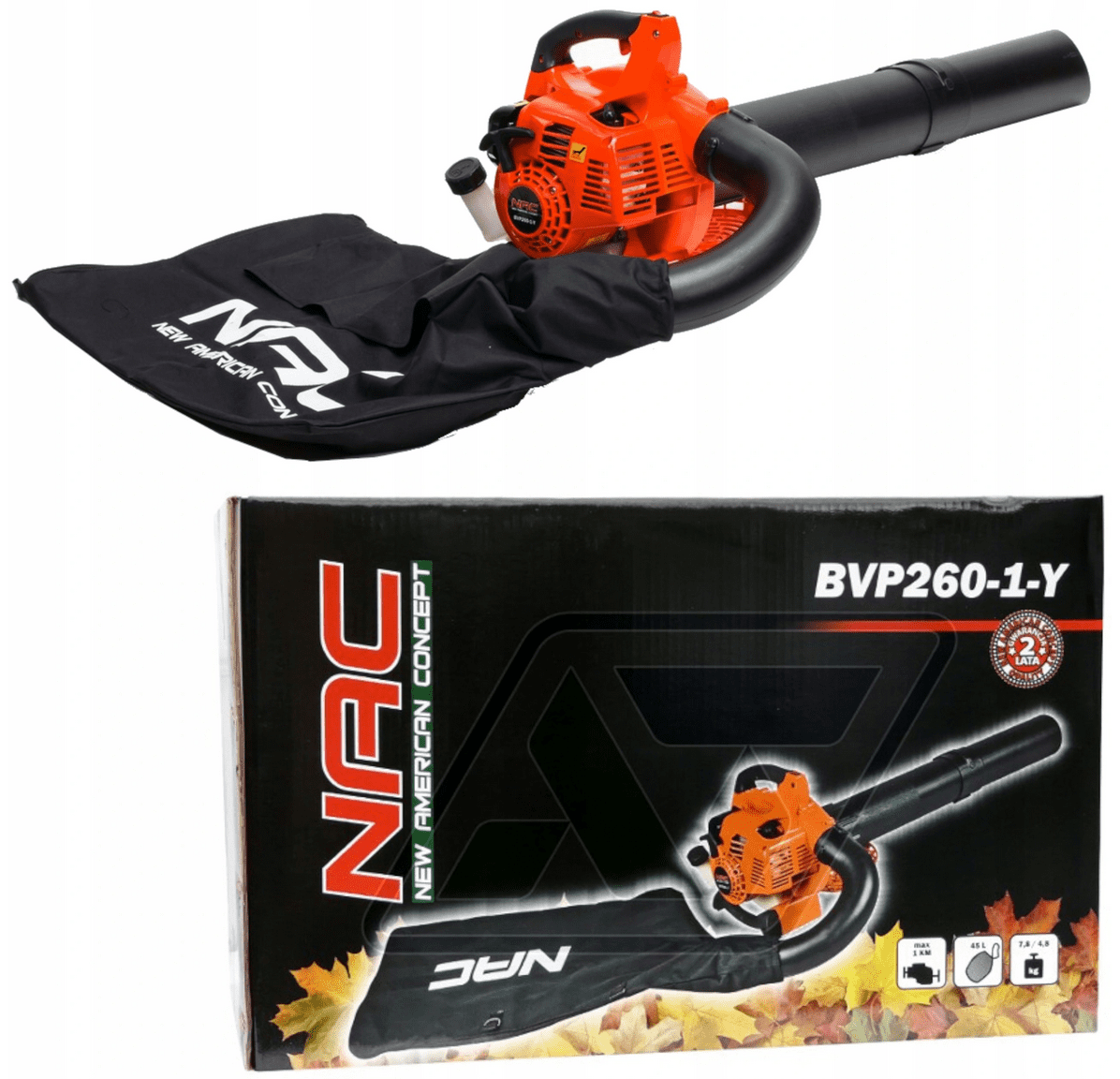 Park lövblås bensindriven, lövsug 0, 7 kW 1hk lövuppsamlare, 50L, 7000 RPM, NAC