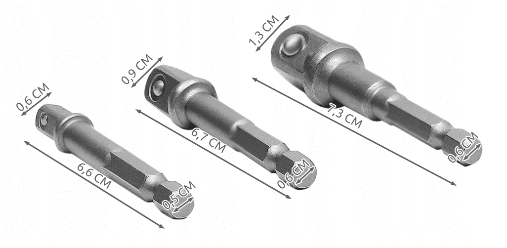 Hylsadapter 3st 1/4 till 3/8 och 1/2, adapter för hylsor, 73 mm lång