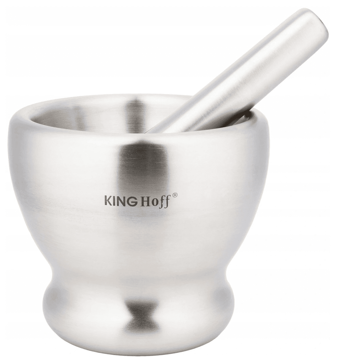 Mortel av borstat rostrfitt stål, med stöt, 13 cm diam. 70gr, Kinghof