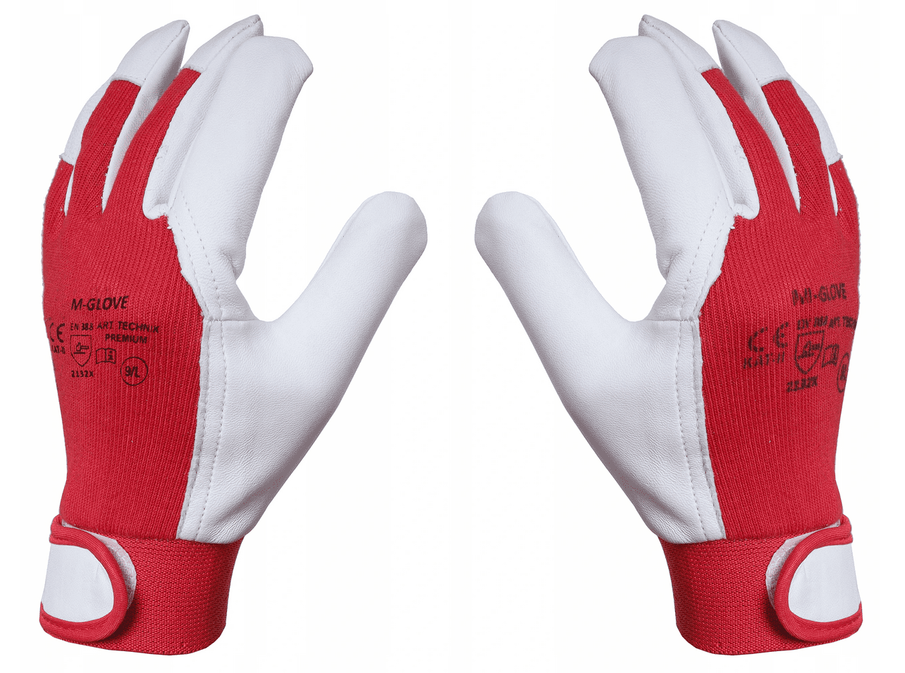Arbetshandskar 12 par, montagehandskar, skinn, röd-vita CE, m-Glove